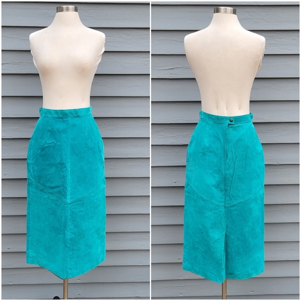 Vintage 90s y2k Teal‎ Aqua Turquoise Blue Suede Boho Western Leather Midi Skirt